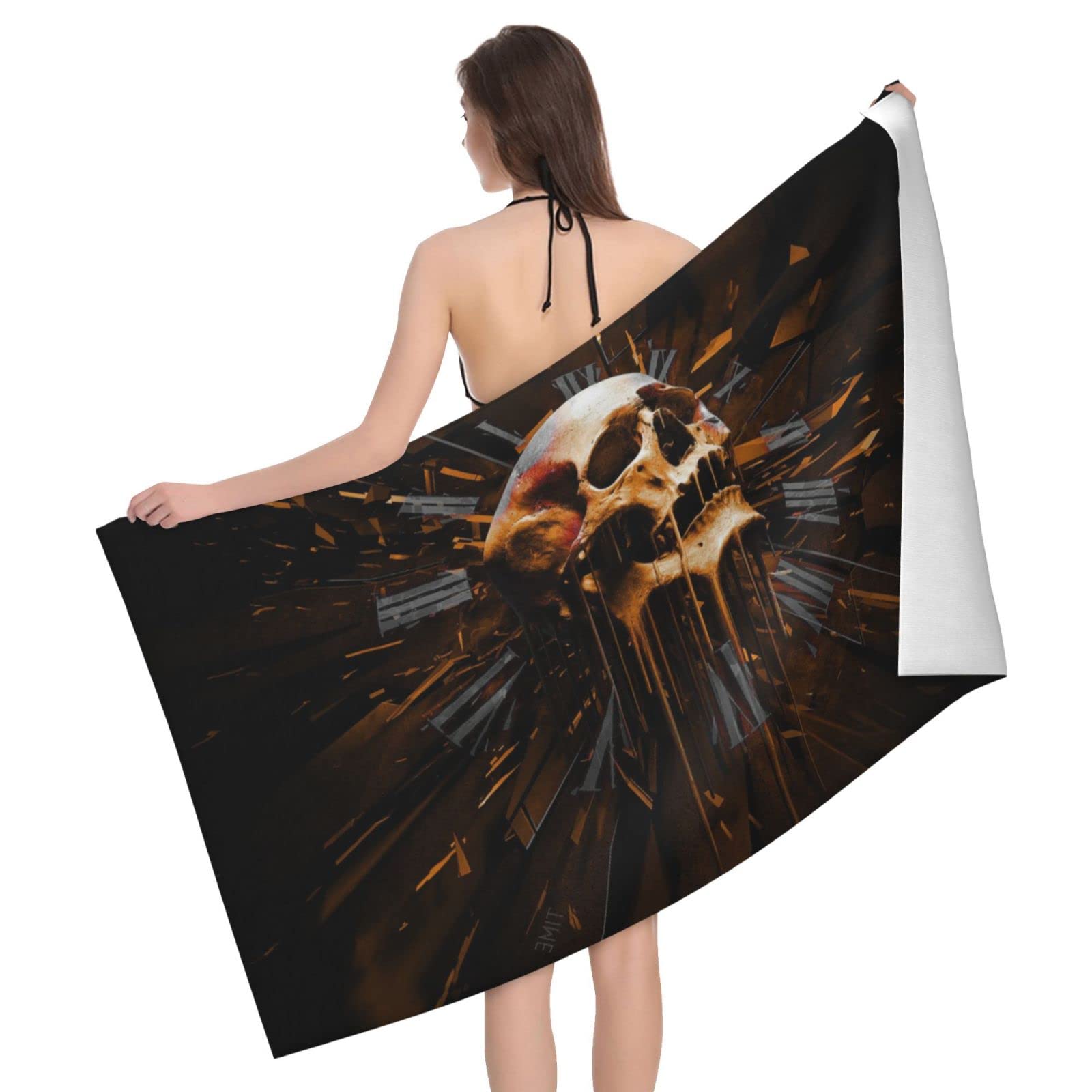 Lawenp Skull and Time Beach Towel, Lightweight Sand Free Quick Dry Microfiber Absorbent Bath Towel for Kids, Adults, Swimming, Bath, Yoga, Pool, Travel, Camping 32"X52"