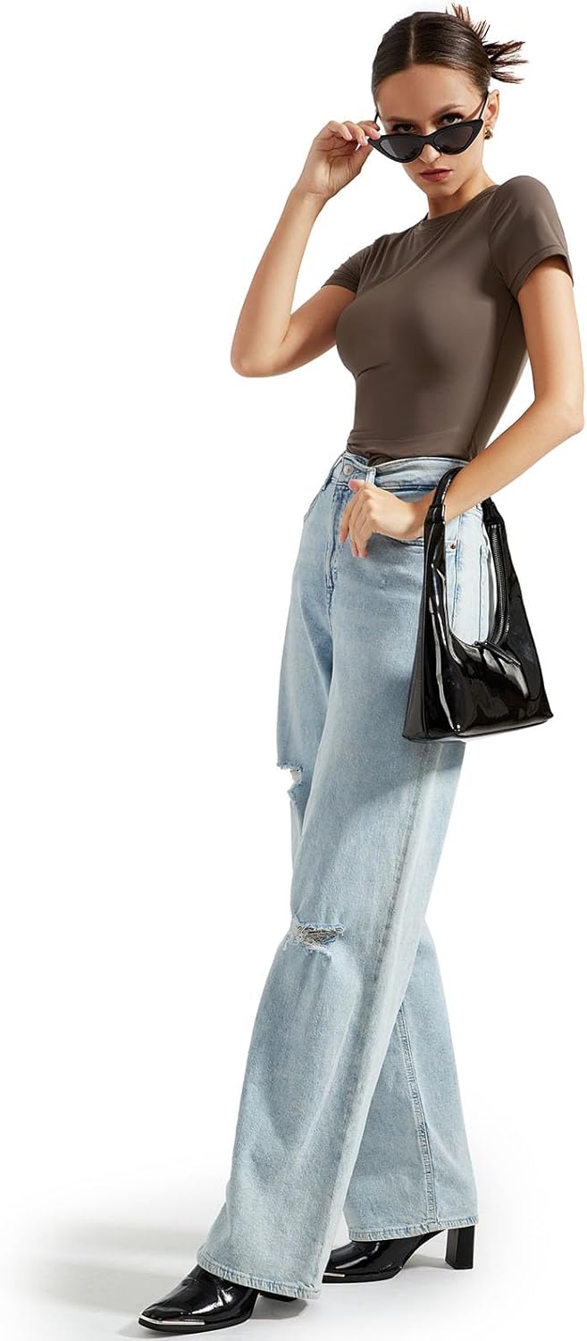 SUUKSESS Women Double Lined Fitted Basic Tee Crew Neck Short Sleeve Y2K Crop Top - Image 3