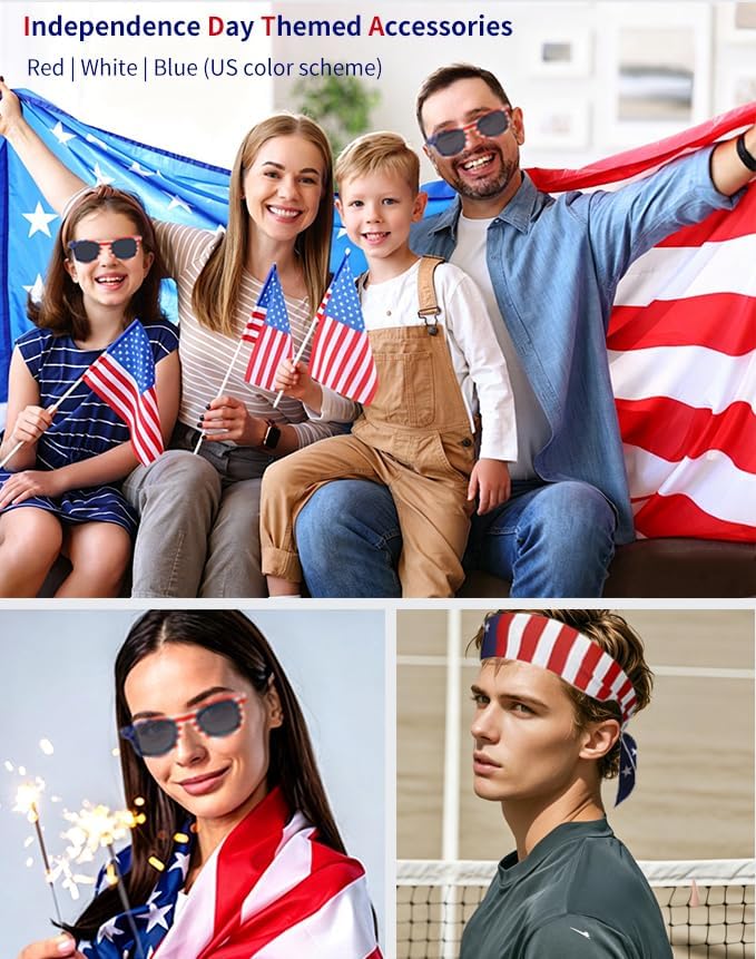 3Pcs America’s 250th 4th of July Patriotic Costume Set, American Flag Cape, Novelty Sunglasses & Flag Headband, Unisex for Men Women Parade Halloween Party Accessories