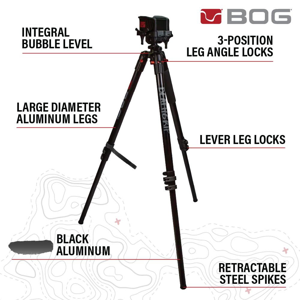 BOG DeathGrip aluminiowy statyw z wytrzymałą aluminiową ramą, lekki, stabilny design, poziomica, regulowane nóżki, uchwyt strzelecki i obsługa bez użycia rąk, do polowania, strzelania i