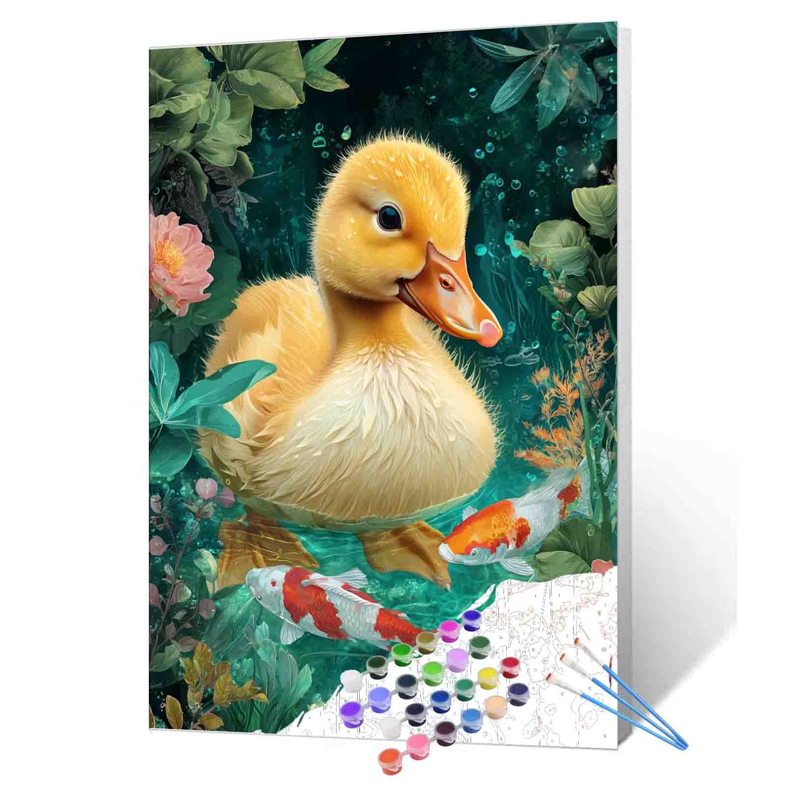 Cute Yellow Duck Swimming Paint by Numbers Koi Fish in The Water DIY Painting on Canvas with Brushes Pigment Animal Paint Crafts DIY Paintwork Home Decor Drawings Gift 16x20 Inch (Frameless)