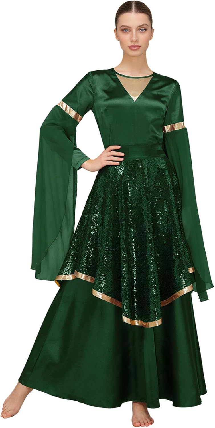 Praise Dance Dress for Women Tunic Dress And Sequined Skirt Liturgical Lyrical Dancewear Performances Costume Green X-Large