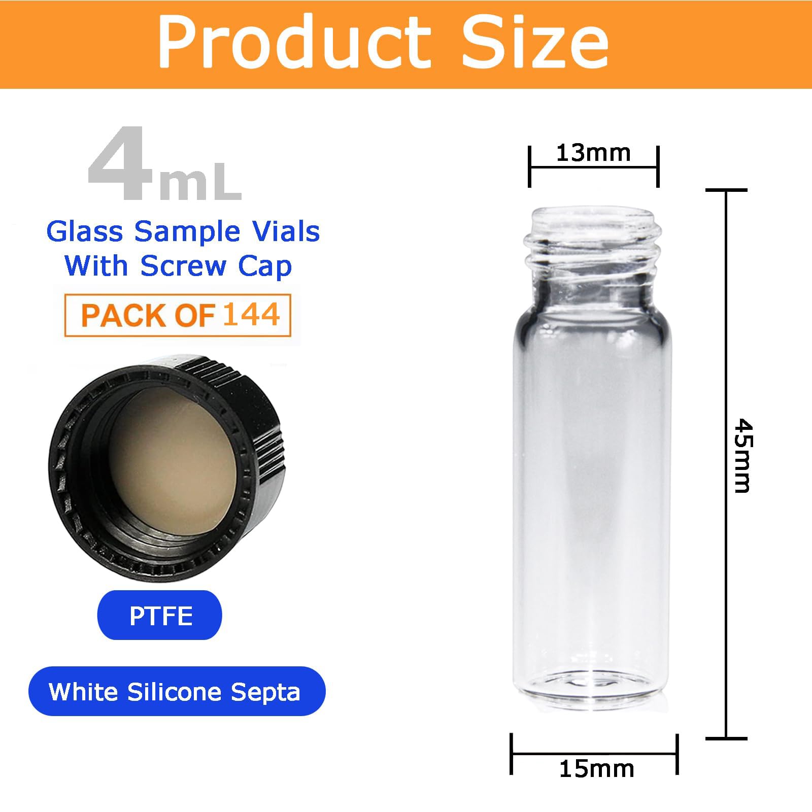 ALWSCI 144 Stück Glasfläschchen 4mL Probe Klarglas Fläschchen, Probenahme Glasflaschen mit Schraubverschluss, natürliche PTFE/weiß Silikon Liner Probe Behälter Labor Fläschchen 15x45mm