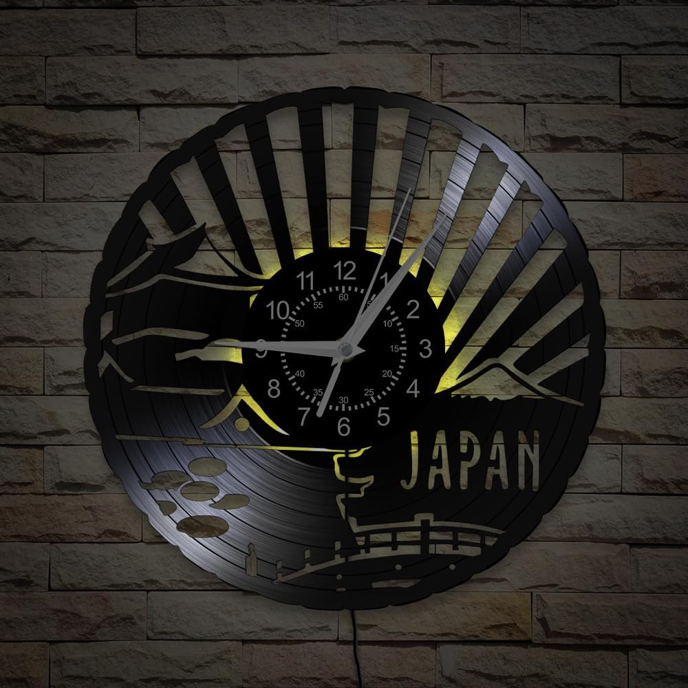 12'' Japanese Culture Vinyl Record Wall Clock 7 Color Changing, LED Night Light Wall Clock Silent Non Ticking Retro Decorative Japan Wall Watch Clock for Bedroom Kitchen Asia Traveling Gift