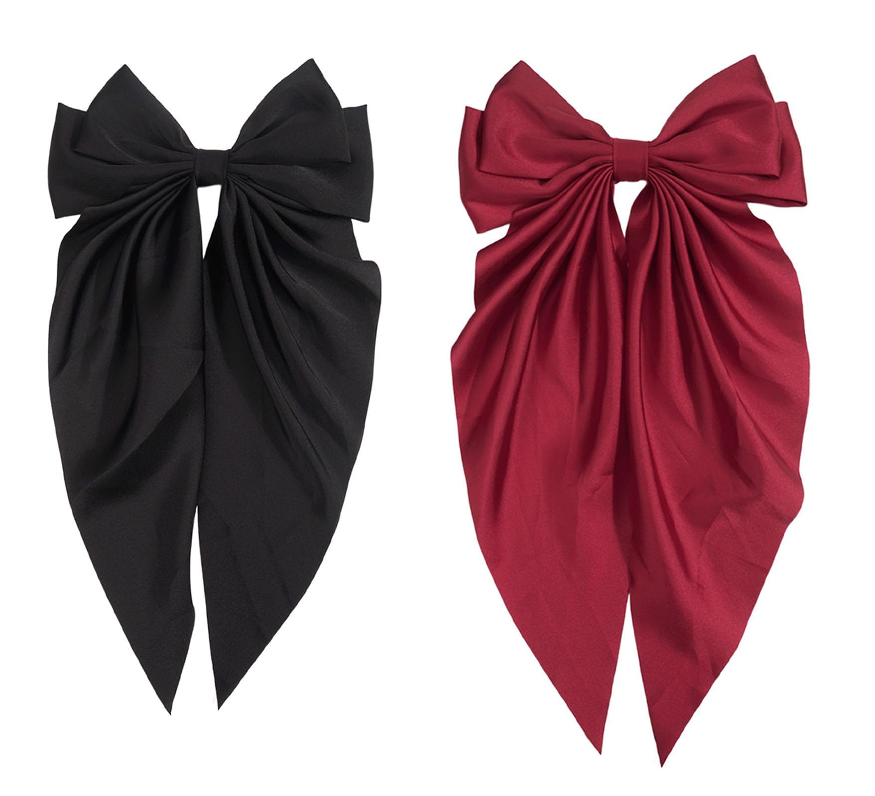 ZOONAI 2Pcs Big Satin Layered Hair Clip for Women Girls Large Long Bow Hair Clip Bowknot Hairpin Hair Accessories (Black Wine Red)