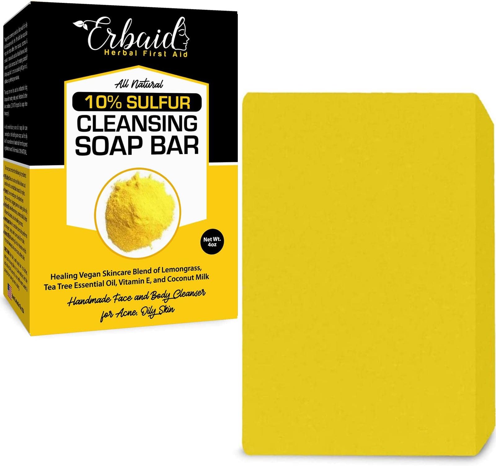 (118ml (Pack of 1)) - 10% Sulphur Soap Cleansing Bar for Face & Body - All Natural Facial Cleanser for Acne, Oily Skin - Healing Skincare Blend of Lemongrass, Tea Tree Essential Oil, Vitamin E, Coc...