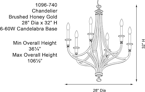 Miniatura 6 de Minka Lavery Covent Park 1096-740 - Candelabro redondo con brazo de metal, 6 luces, 360 vatios totales, oro miel cepillado, 32 pulgadas de alto x 28