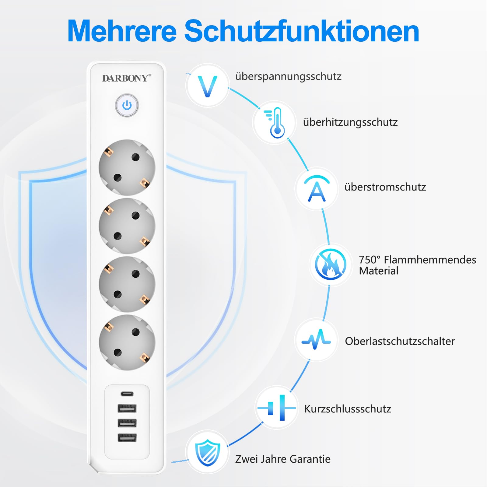 Darbony Listwa zasilająca z 4 gniazdami USB, z przełącznikiem, 4-krotna, ochrona przed przepięciem, 3680 W, 16 A, z gniazdem rozdzielającym USB C, do biura, odtwarzacz CD, kabel 1,8 m, biała