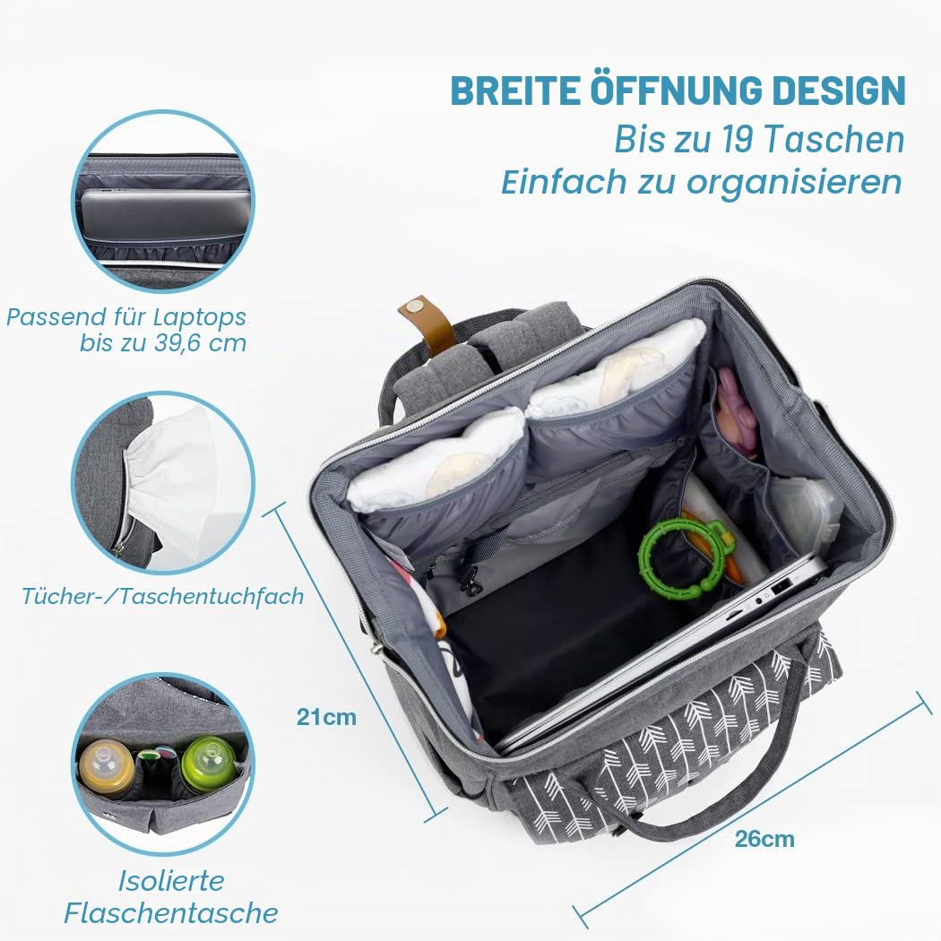 Lekebaby Baby Wickelrucksack Wickeltasche mit Wickelunterlage Multifunktional Große Kapazität Babytasche Reisetasche für Unterwegs, Grau