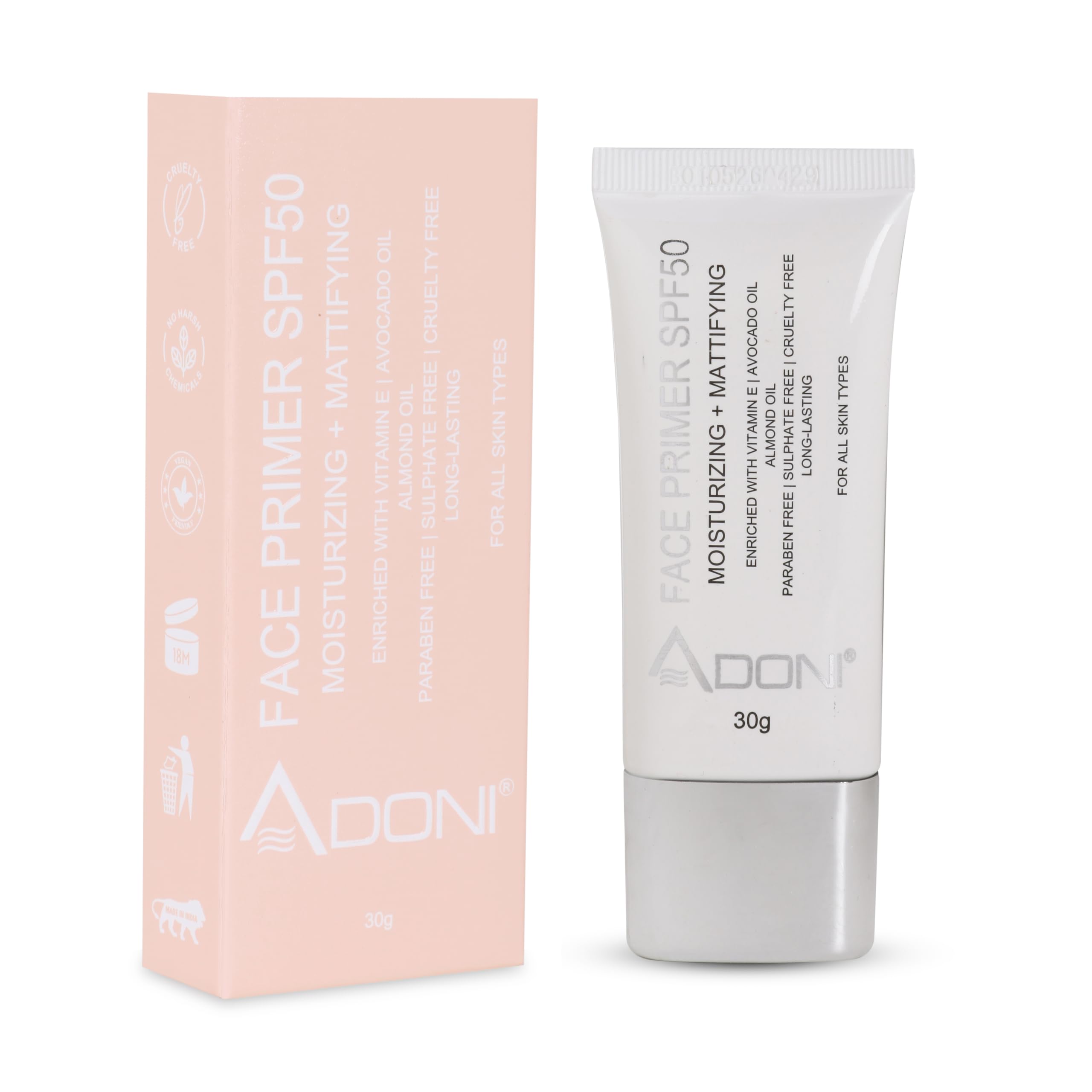 ADONI Face Primer SPF 50 | Moisturizing & Mattifying Makeup Primer with Sun Protection | Pore Blurring formula With Avocado Oil, Almond Oil & Vitamin E | Long-Lasting, Lightweight Texture | For All Skin Types | 30 g-image-1