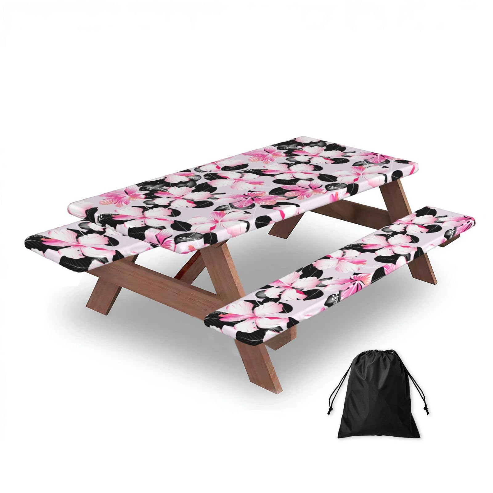 Dopklna As Picture Tropical Hibiscus Flowers With Black Leaves, Picnic Table Cover With Bench Covers -Waterproof Elastic Fitted Tablecloth For Garden Camping Patio 76X152cm
