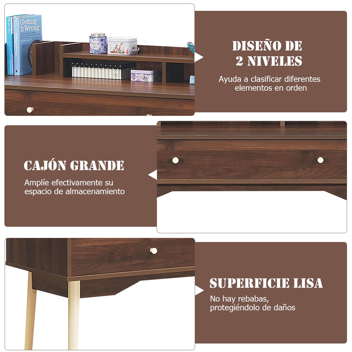 COSTWAY Escritorio de Computadora con Cajón, Escritorio de Oficina con Patas de Madera de Goma, Superficie Espaciosa, 2 Compartimientos, Dispositivo Antivuelco para Estudio Oficina (Marrón)