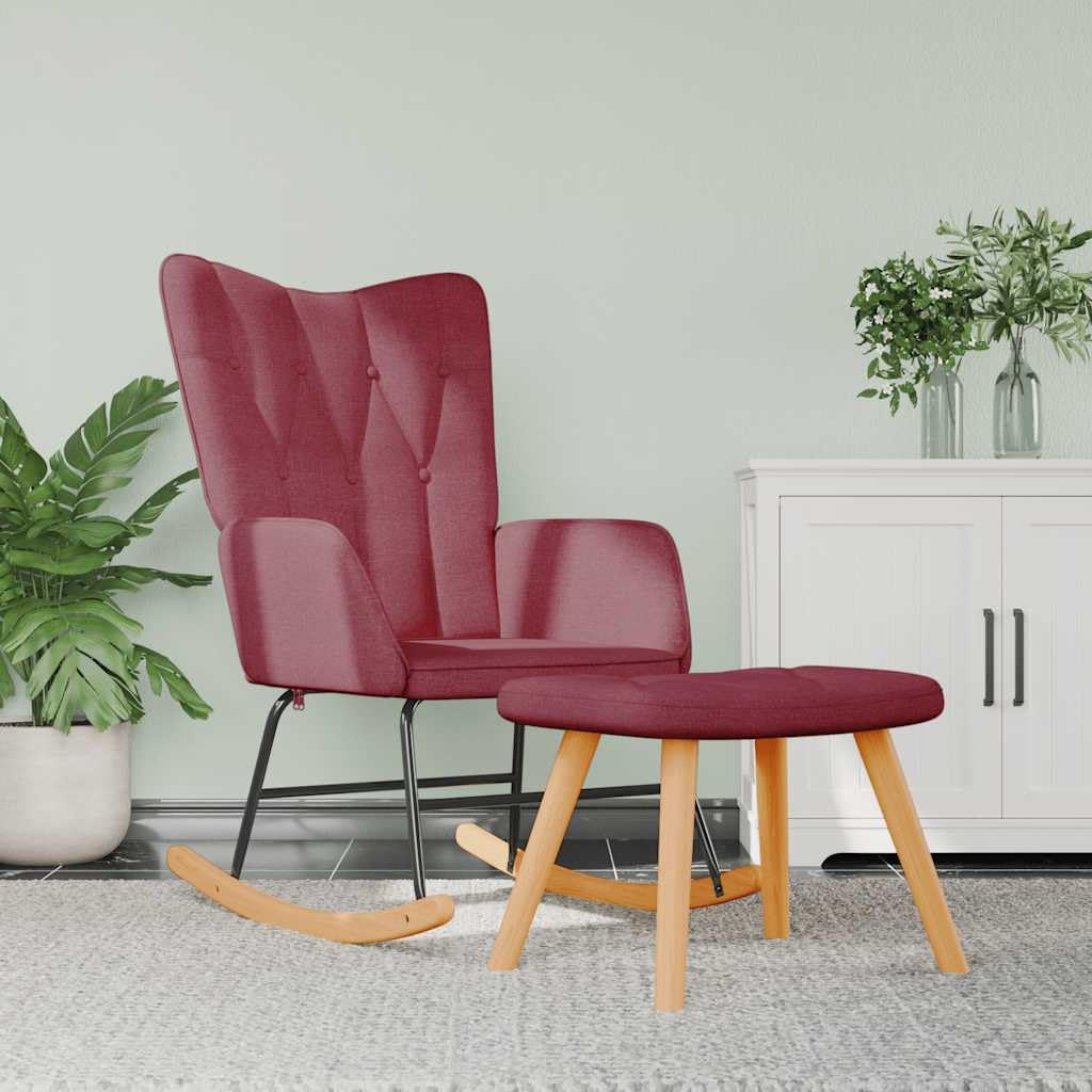 Silla mecedora con taburete de tela rojo vino, sillón relax con acolchado de espuma, estructura de madera de árbol de caucho, 61 x 78 x 98 cm, para salón, habitación de bebé, balcón