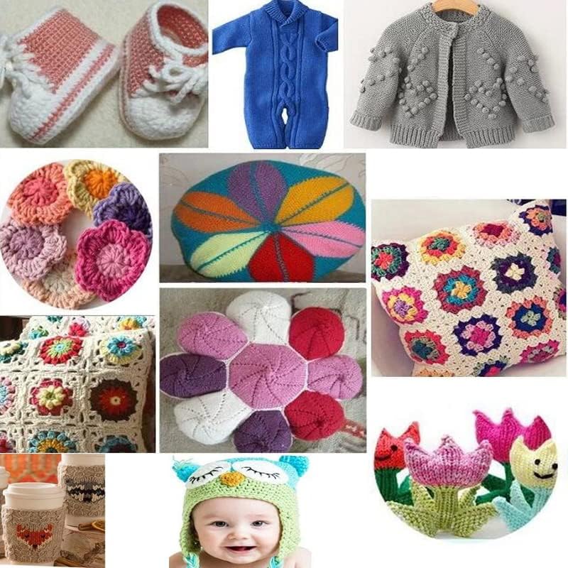 A collage of various knitted and crocheted items, including baby booties, sweaters, blankets, and decorative pillows, showcasing potential uses of the yarn.