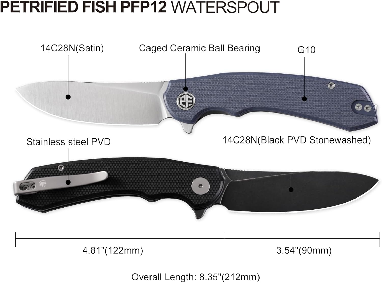 Petrified fish PFP12 WaterSpout Folding Knife,3.54" 14C28N Steel Blade G10 Handle Folding Pocket Knife for Camping EDC Outdoor (Yellow Black Stonewashed)