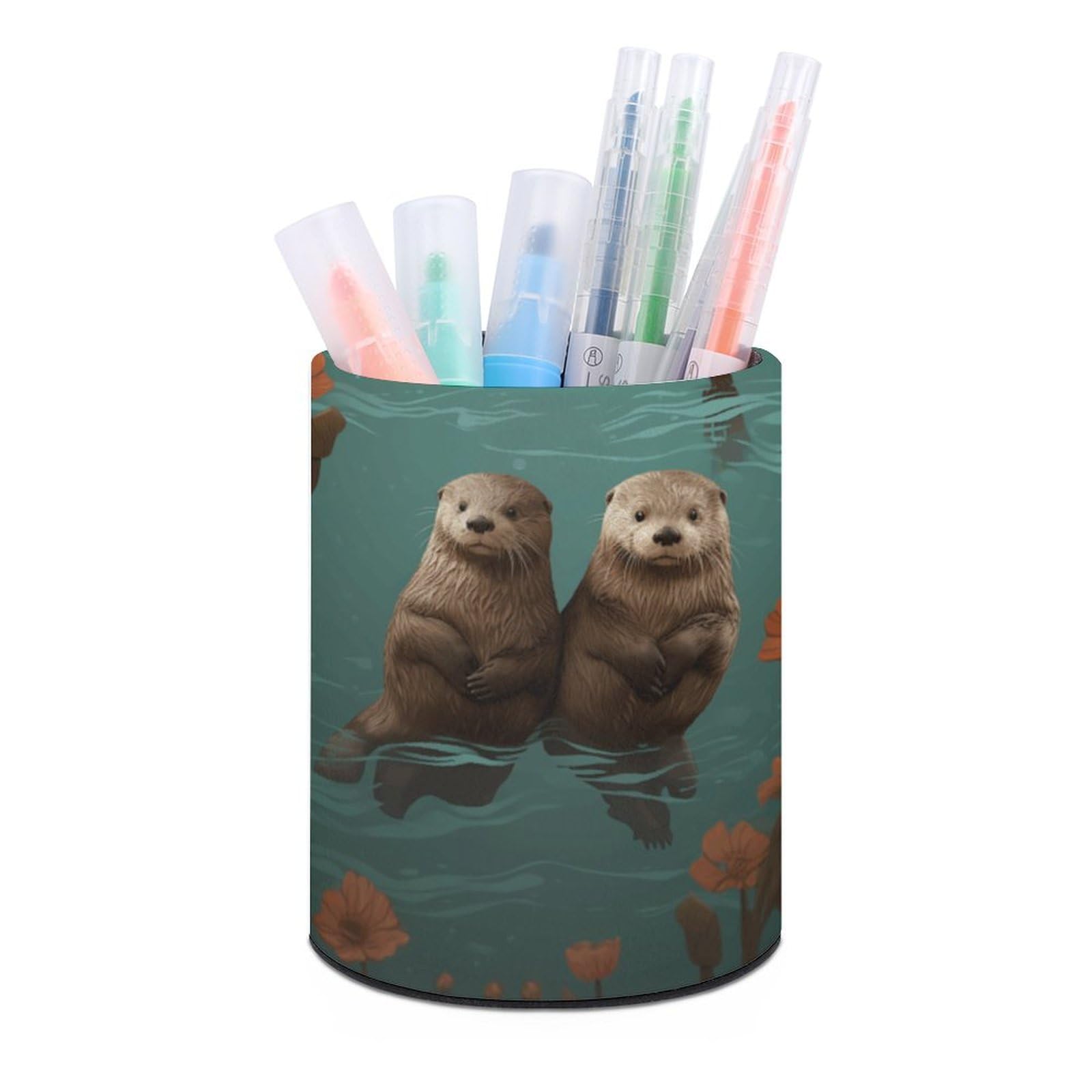 JTREHY Round Pen Holder,Otters in Love Printed Makeup Brush Storage Box for Home Office Dressing Table