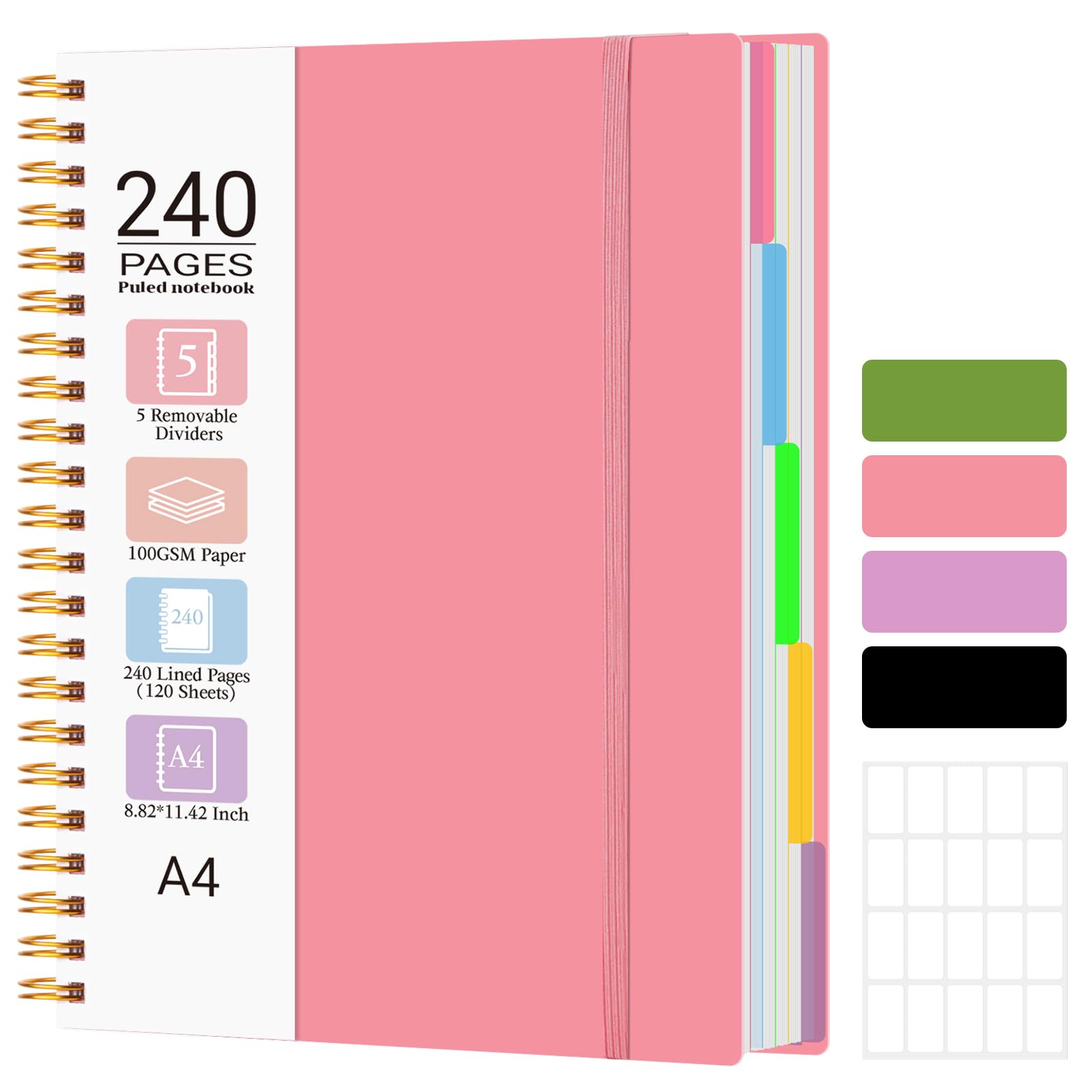 MOFELON A4 Notebook, Notepad, A4 Notebook with Dividers, 240 Pages 100GSM Thick Wirebound Spiral Notebooks for Writing, PVC Hardcover Note Book for Work Office School, 29 x 22.4cm,PINK