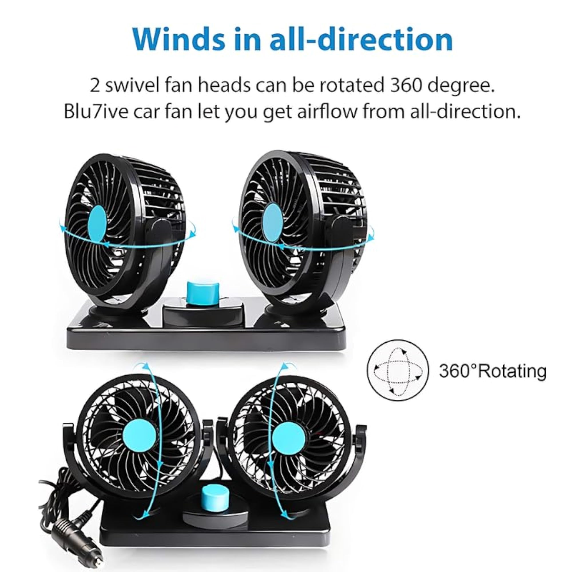 Double Head Cooling Electric Fan for Car Dashboard, 360 Degree Rotatable