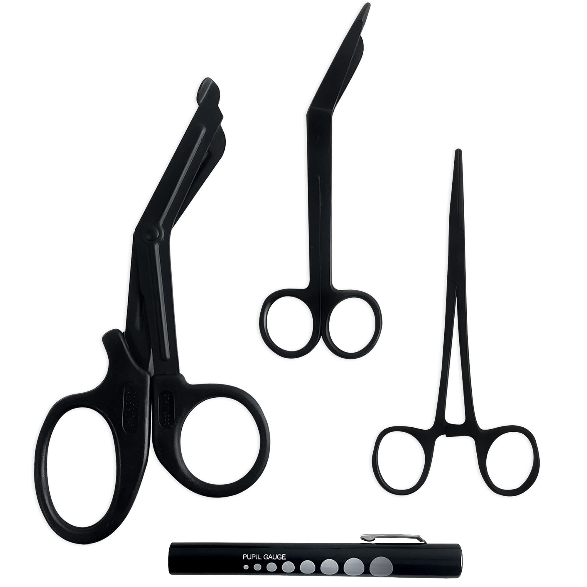 DEXSUR Premium Lister Bandage Scissor, EMT and Hemostat Scissors + Penlight, Full Black 4 Pcs Set