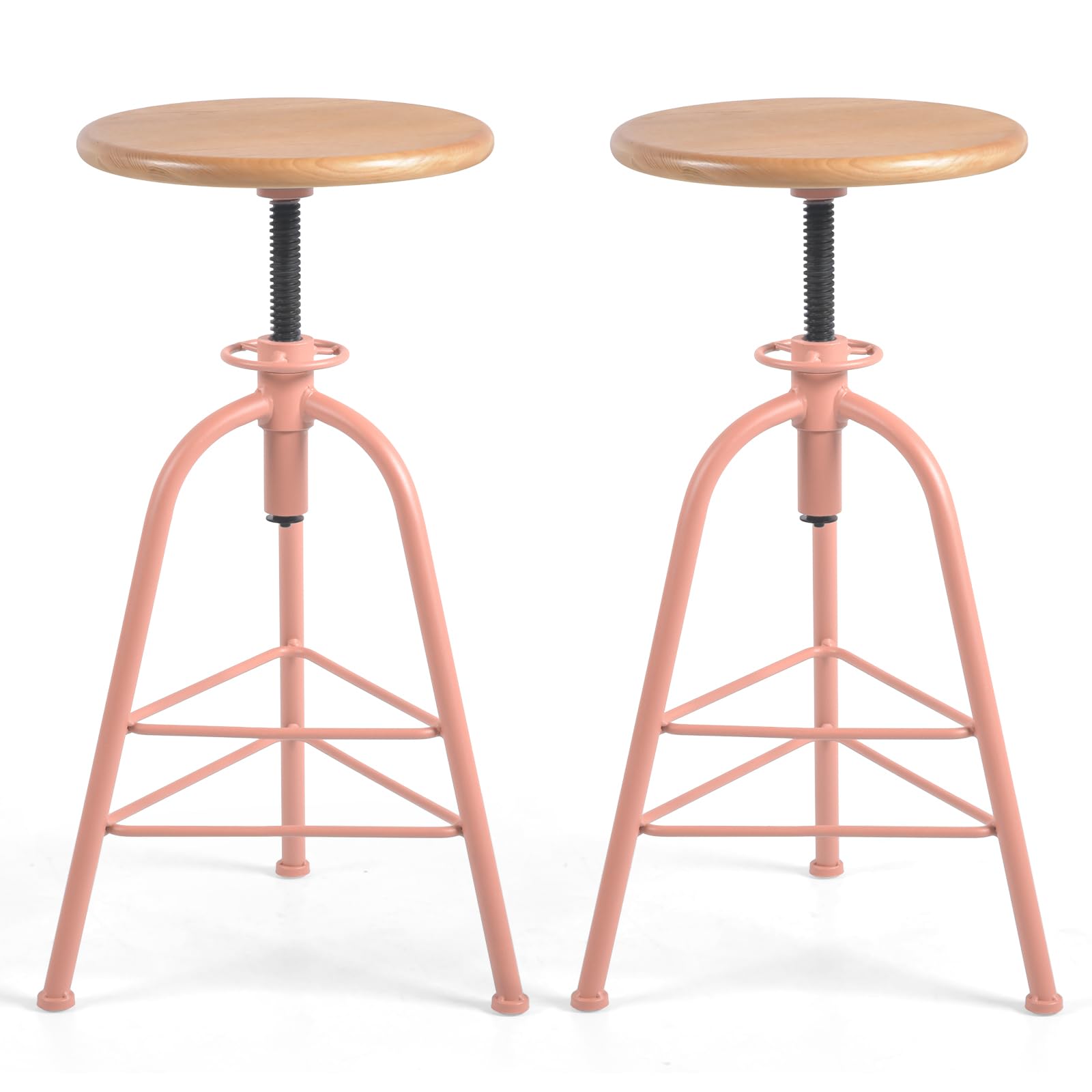 Diwhy Modern Pink Color Industrial Design Metal Adjustable Height Bar Stool Kitchen Dining Breakfast Chair Oak Wood Seat Counter Stool Set of 2