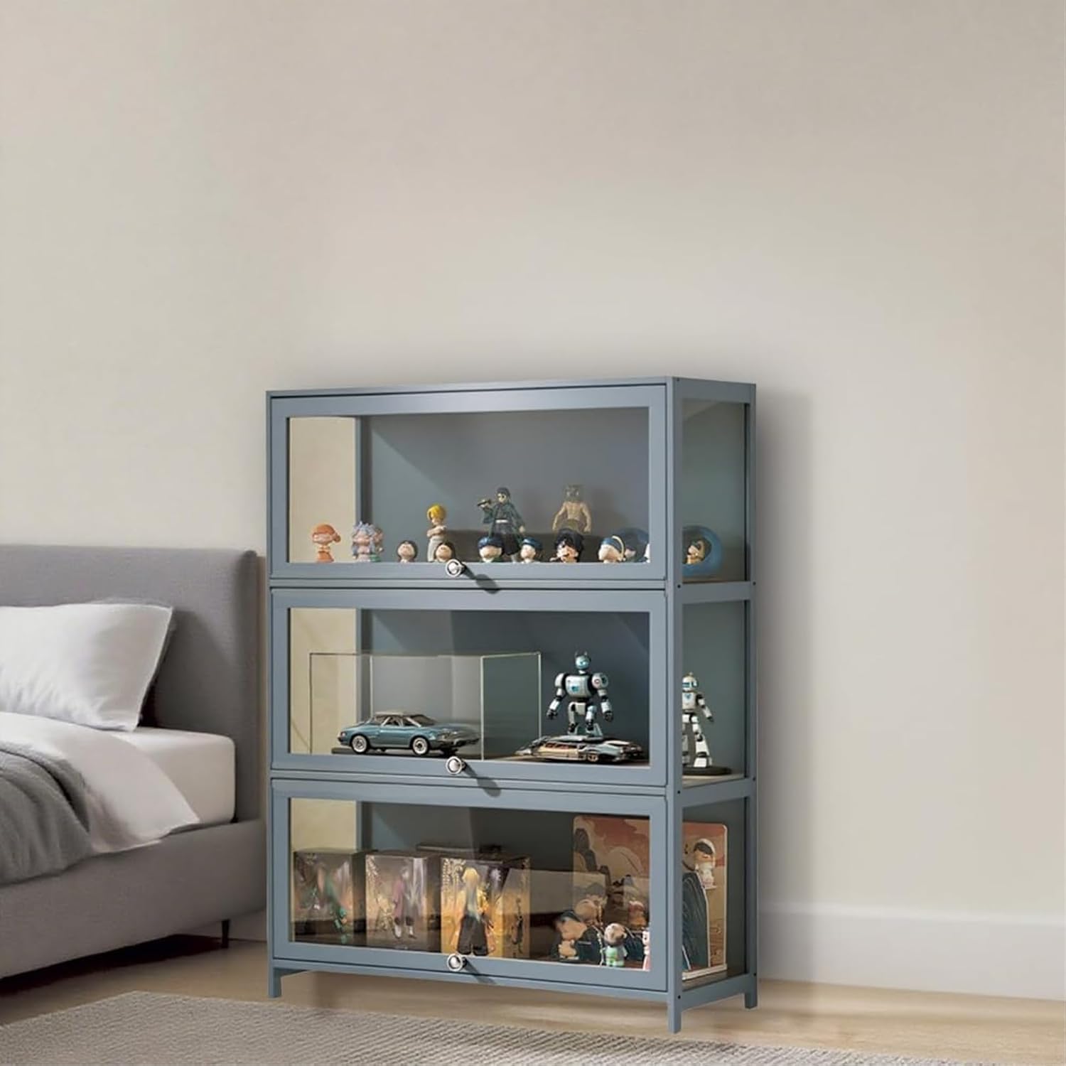 Display Cabinet with Acrylic Doors for Collectibles 4 Tier 3 Tier Small Curio Cabinet Display Case for Figures Wood Storage Cabinet for Bedroom Living Room
