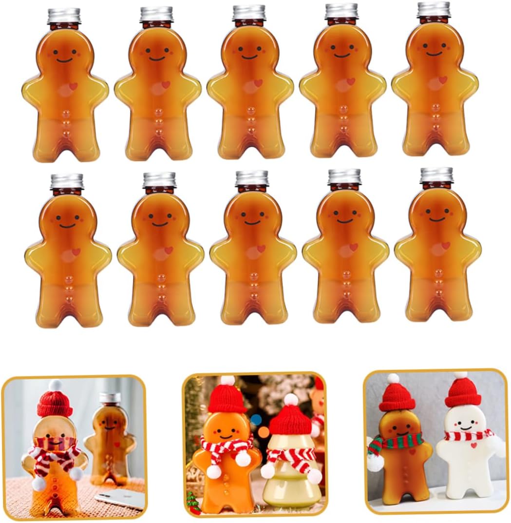 10pcs Gingerbread Man Juice Bottles Reusable Drink Containers Caps Fun Xmas Party Beverage Jars for Juice