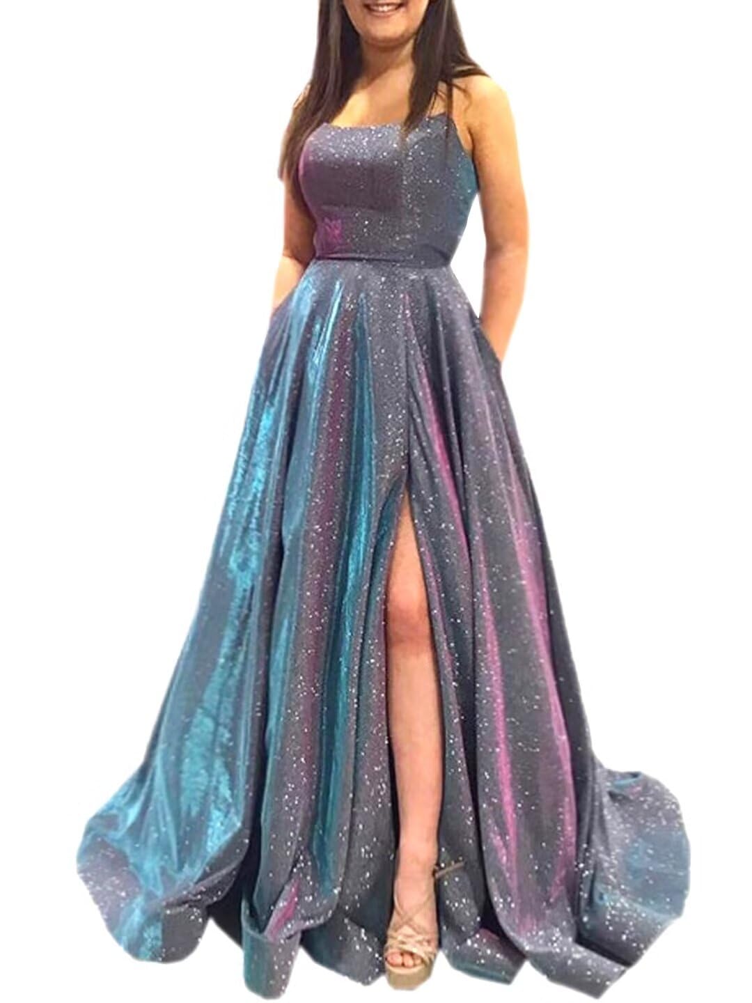GRAB A DRESSProm Dresses Long A Line with Pockets Formal Evening Ball Gowns Side Slit Glitter Party Dress 2023
