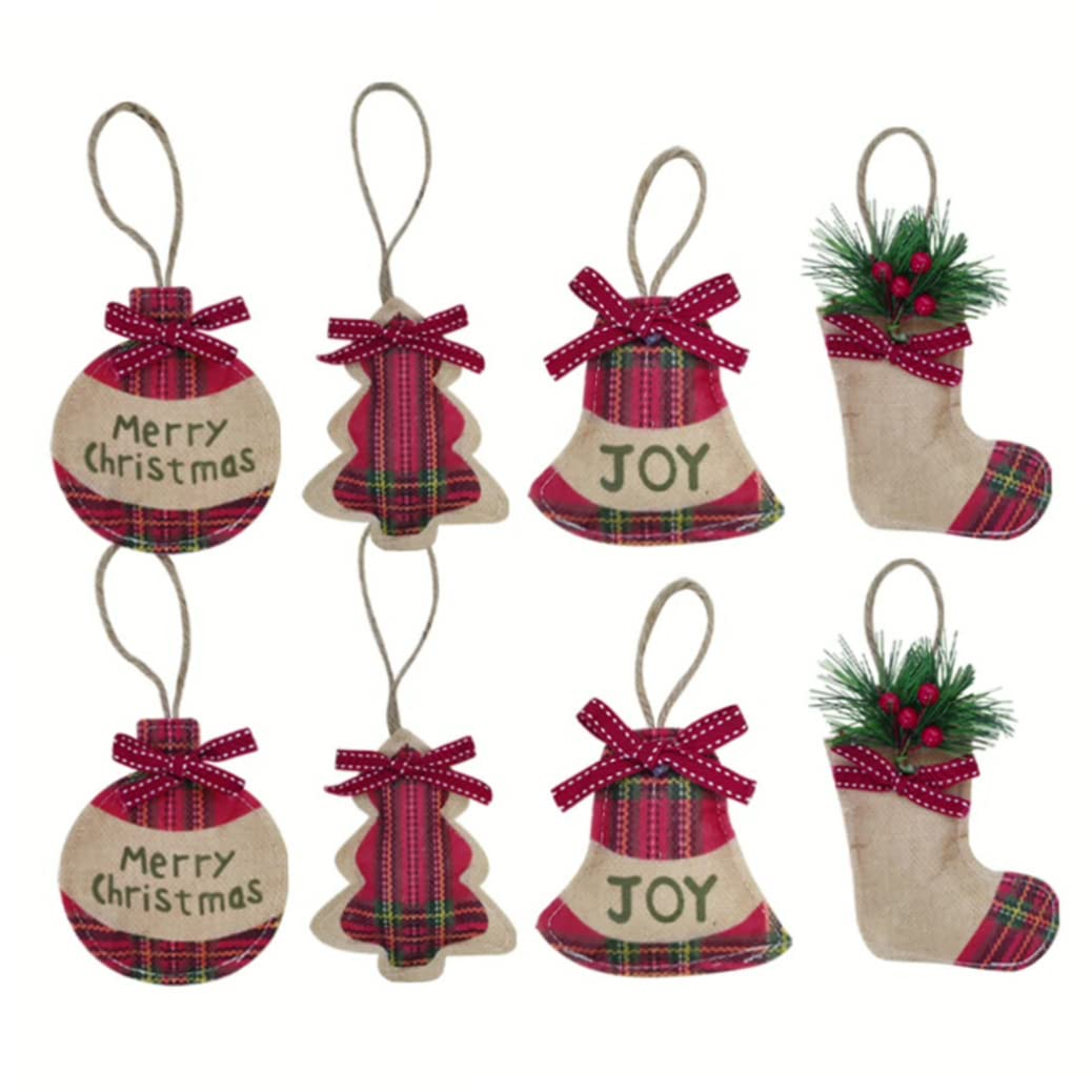 Rustic Tartan Christmas Decorations - 8PCS Hanging Ornaments & Stockings - Burlap & Burlap Xmas Tree Stocking Ornaments