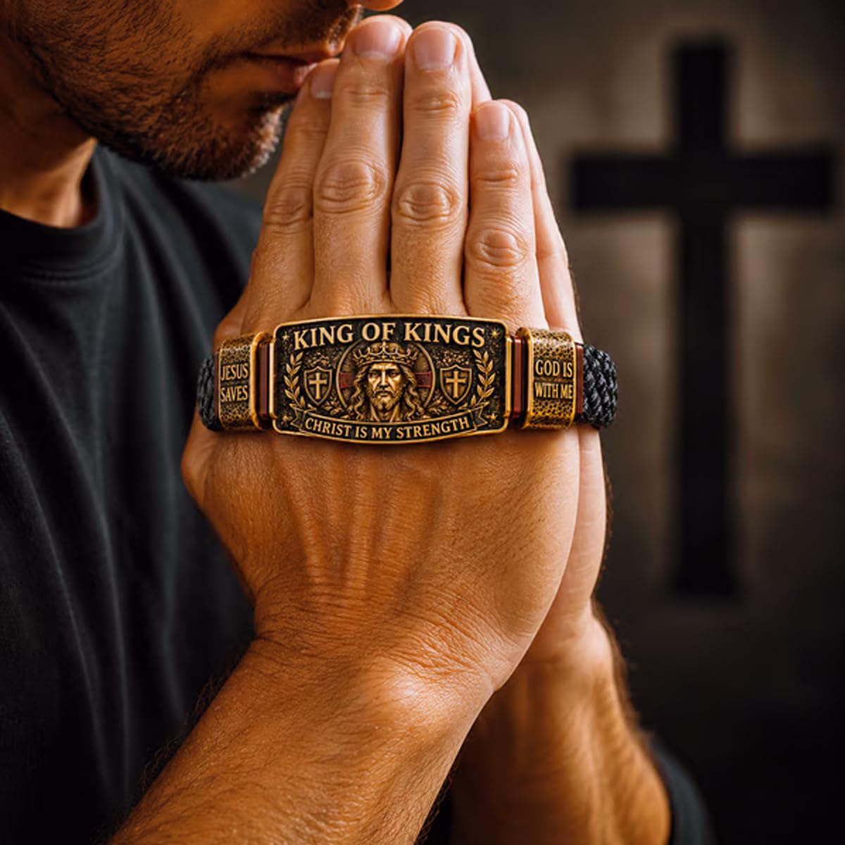 Bransoletka King of Kings Faith – regulowana chrześcijańska opaska na rękę, 'Jesus Saves Cross Cuff Bangle', inspirująca biżuteria religijna dla męża, taty, syna, Chrystus jest moją siłą