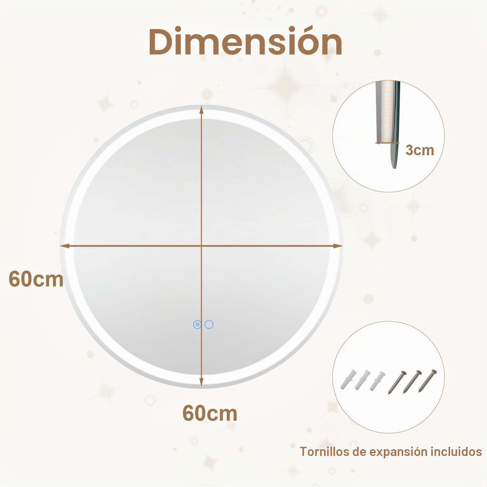 FANTASK Espejo de baño LED con iluminación, 60 cm, Redondo, antivaho, Espejo de Pared Regulable con Interruptor táctil y función de Memoria, Espejo Colgante LED para baño, 60 x 60 cm, Plateado