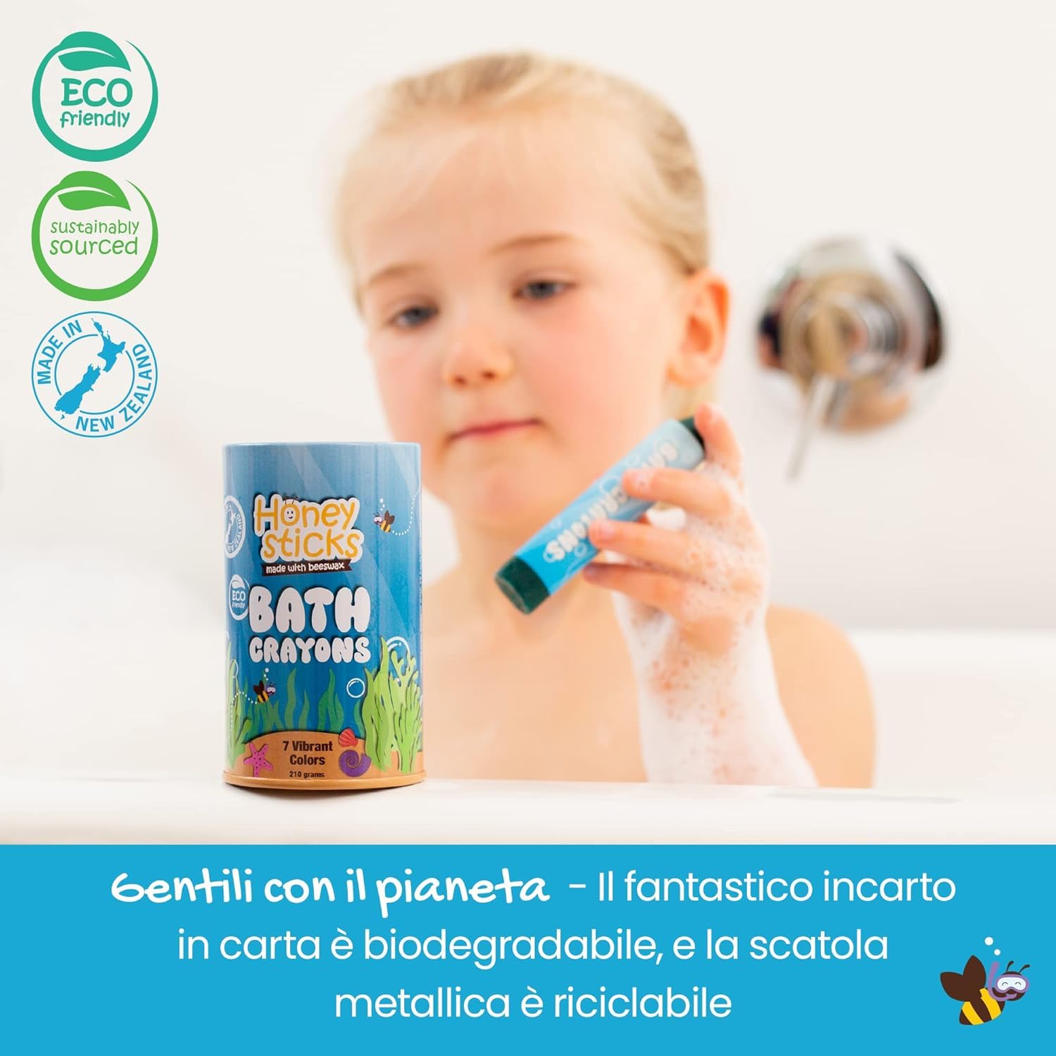 Honeysticks Pastelli vasca da bagno per bambini - Fatti in cera d'api naturale non tossica - Giocattoli per vasca da bagno senza profumo e non irritanti - Colori vivaci e facili da usare - 7 Pezzi