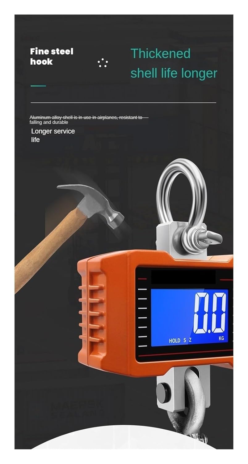 Crane Scale, 500/1000KG Aluminum Digital Crane Scale Heavy Duty Hanging with LED Screen Reinforced Ring and Hook for Industry,Convenient Operation(1000kgA)