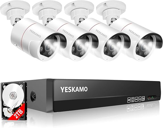 Amazon Co Jp 500万画素 双方向通話 Yeskamo 防犯カメラ 屋外 録音 Poe防犯カメラ 4台 8ch Nvr システム 増設自由 センサー発光 音声警報 高画質 録画 2tb Hdd内蔵 H 265圧縮 Poe給電式 監視カメラ セット マイク内蔵 スピーカー搭載 家庭用 防犯 カメラ 投光威嚇