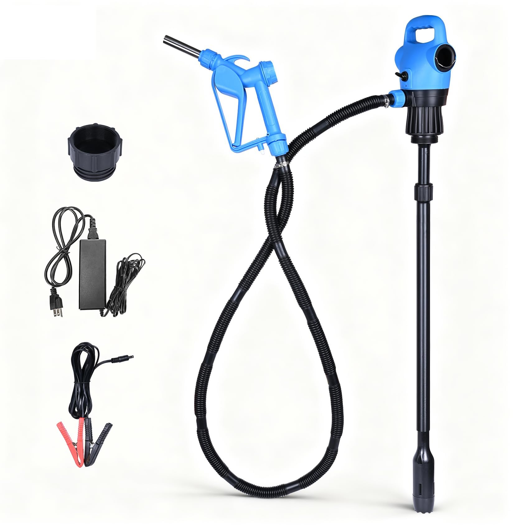 electric drum barrel pump, 110v-240v ac/ 12v dc power, 55 gallon electric transfer pumps with 2-inch bung adapter, 5 gpm flow rate, suitable for def, diesel, water, antifreeze