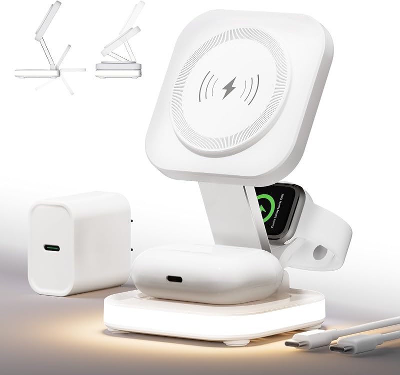 5-in-1 Magnetic Wireless Charging Stand for Apple MagSafe Charger | Travel Charger Nightstand Charging Station with Night Light for iPhone 17/16/15/14/13/12, Watch, AirPods (Adapter Included)