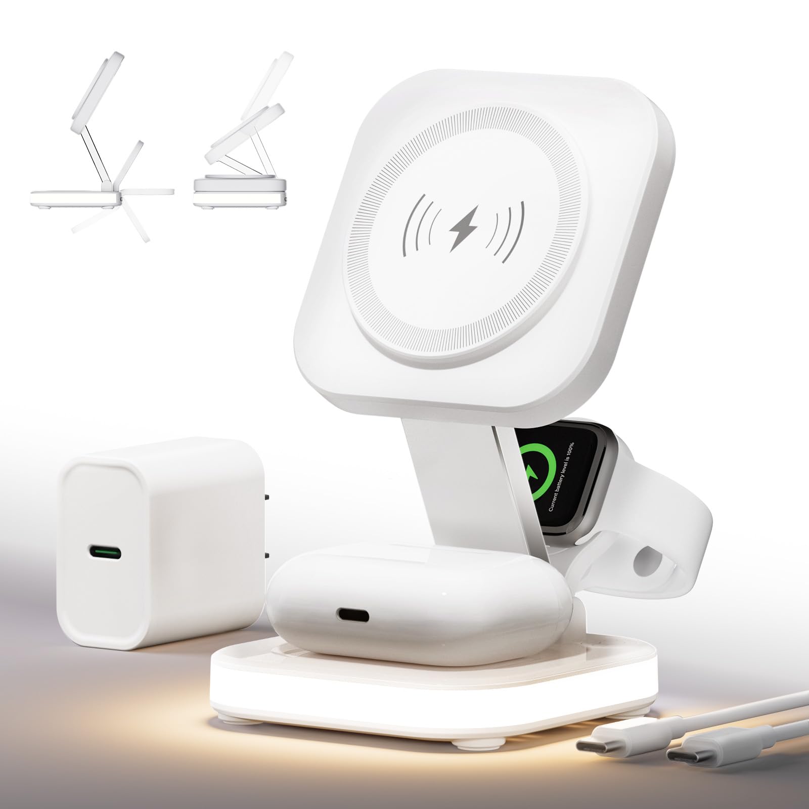 5-in-1 Magnetic Wireless Charging Stand for Apple MagSafe Charger with Night Light for iPhone 17/16/15/14/13, Watch, AirPods, Travel Magnetic Charger Nightstand Charging Station (Adapter Included)