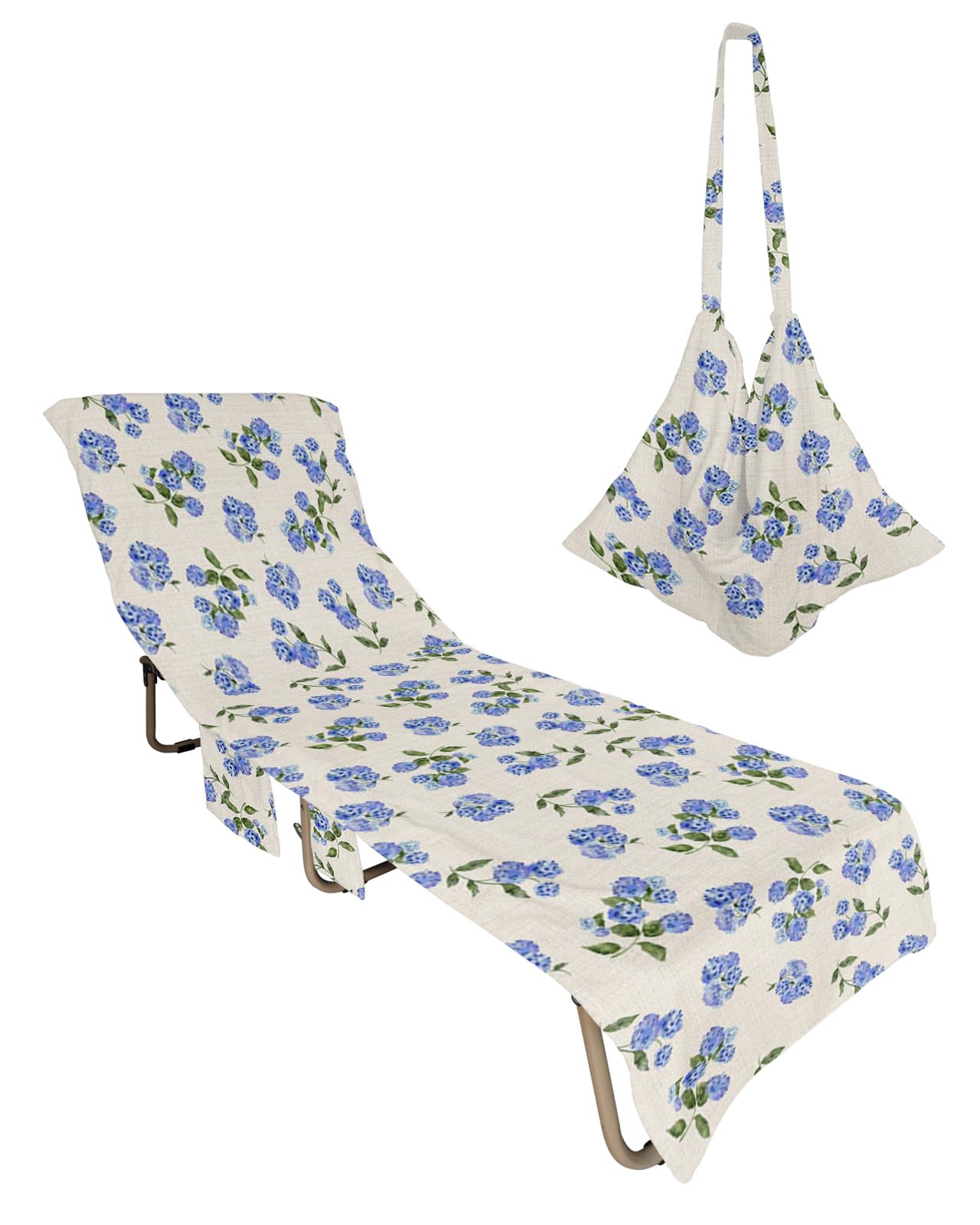 Blue Spring Floral Beach Lounge Chair Towel Cover, Soft Chaise Lounge Towel with Side Pockets Patio Pool Chairs Cover for Beach/Pool Sunbathing 29x85 Pastoral Summer Botanical Flowers Rustic
