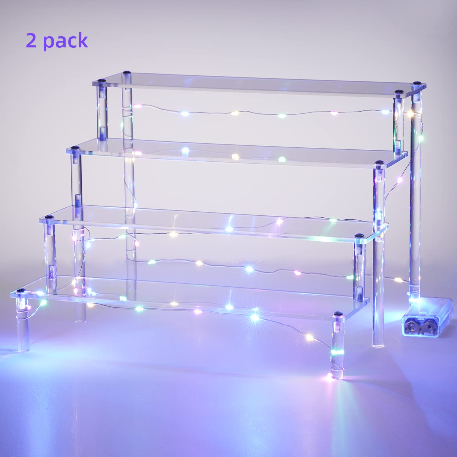Clear Acrylic Display Risers,Cupcake Stand Organnizer with Led Light for Baby Shower,Birthday Deserts,Figures Holder (4-tier-2-pack,Colorful)