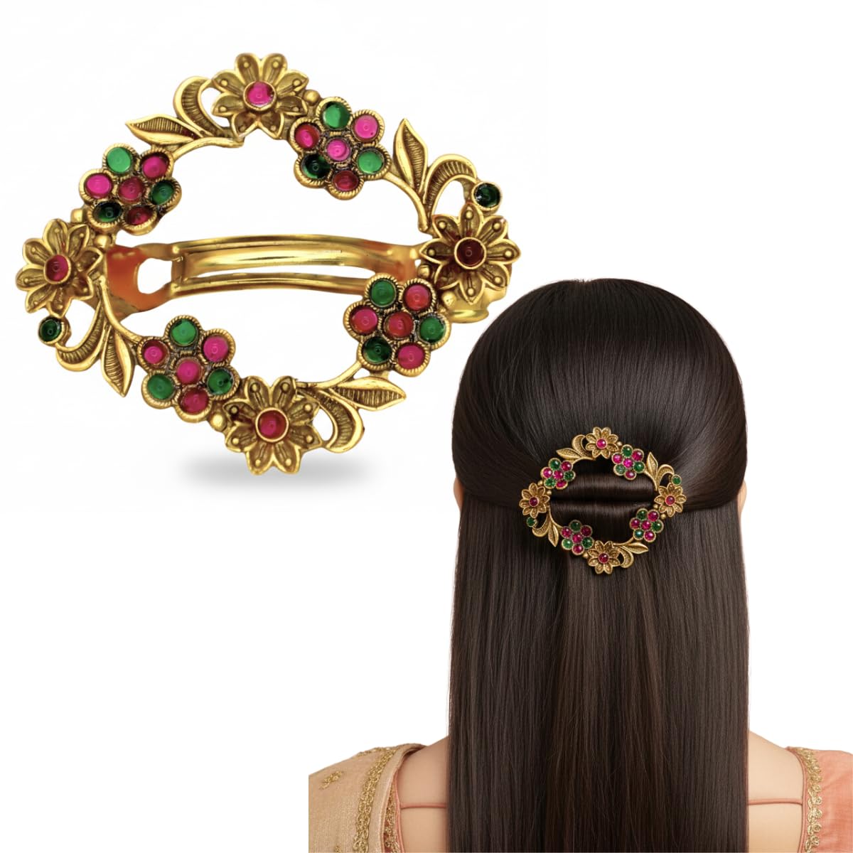 Gold-Plated Antique Hair Clip with Pink & Green Stones & Drops Bridal & Festive Accessory (Design 8)