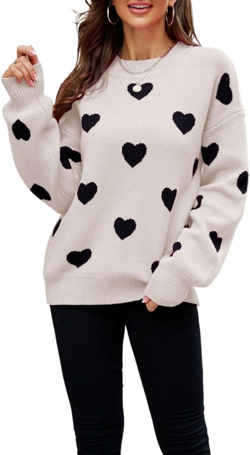 Women's Cute Heart Graphic Valentines Sweater Crewneck Knitted Long Sleeve Y2k Loose Tops Kawaii Aesthetic Clothes
