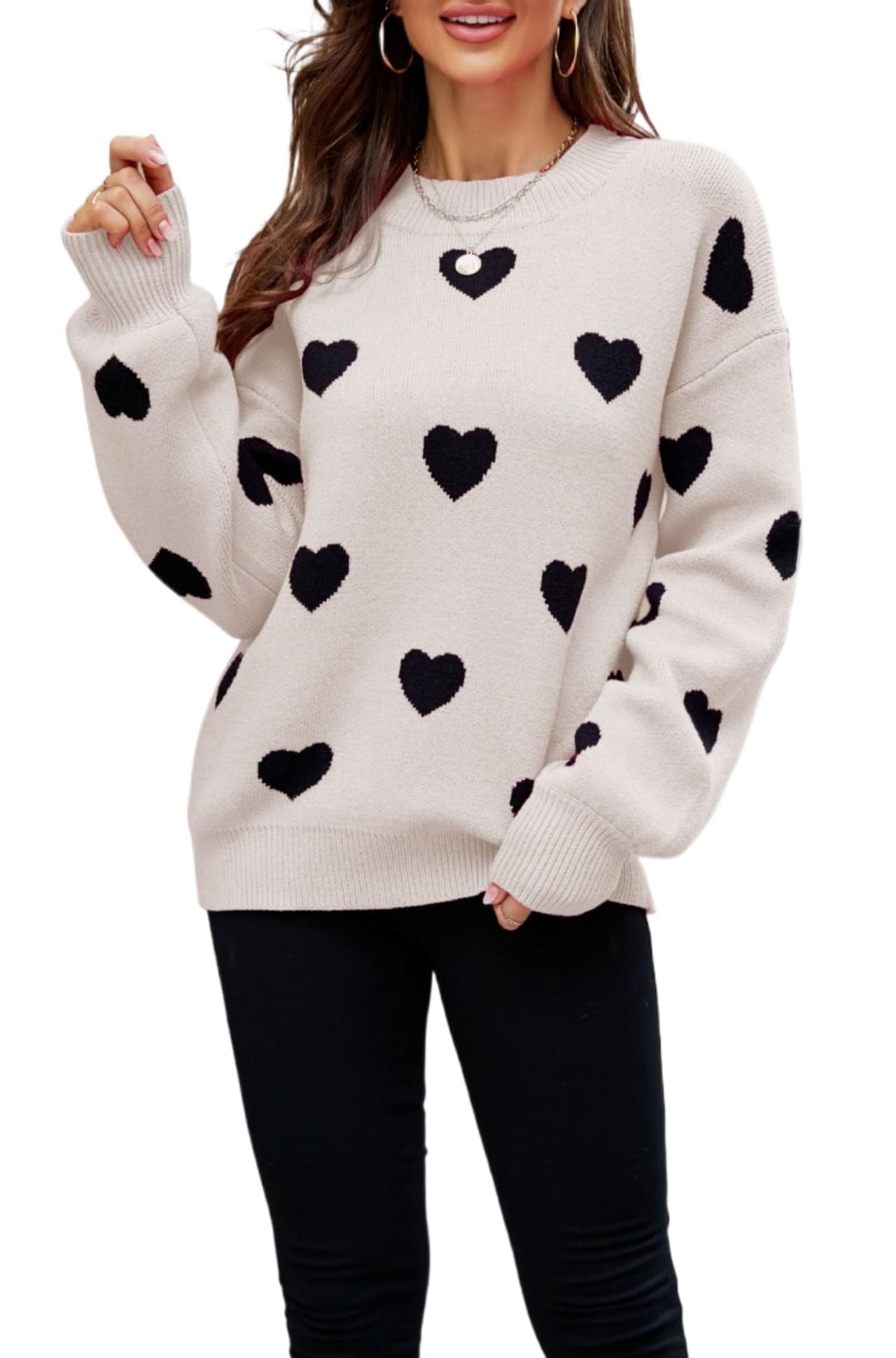 Womens Cute Heart Graphic Valentines Sweater Crewneck Knitted Long Sleeve Y2k Loose Tops Kawaii Aesthetic Clothes