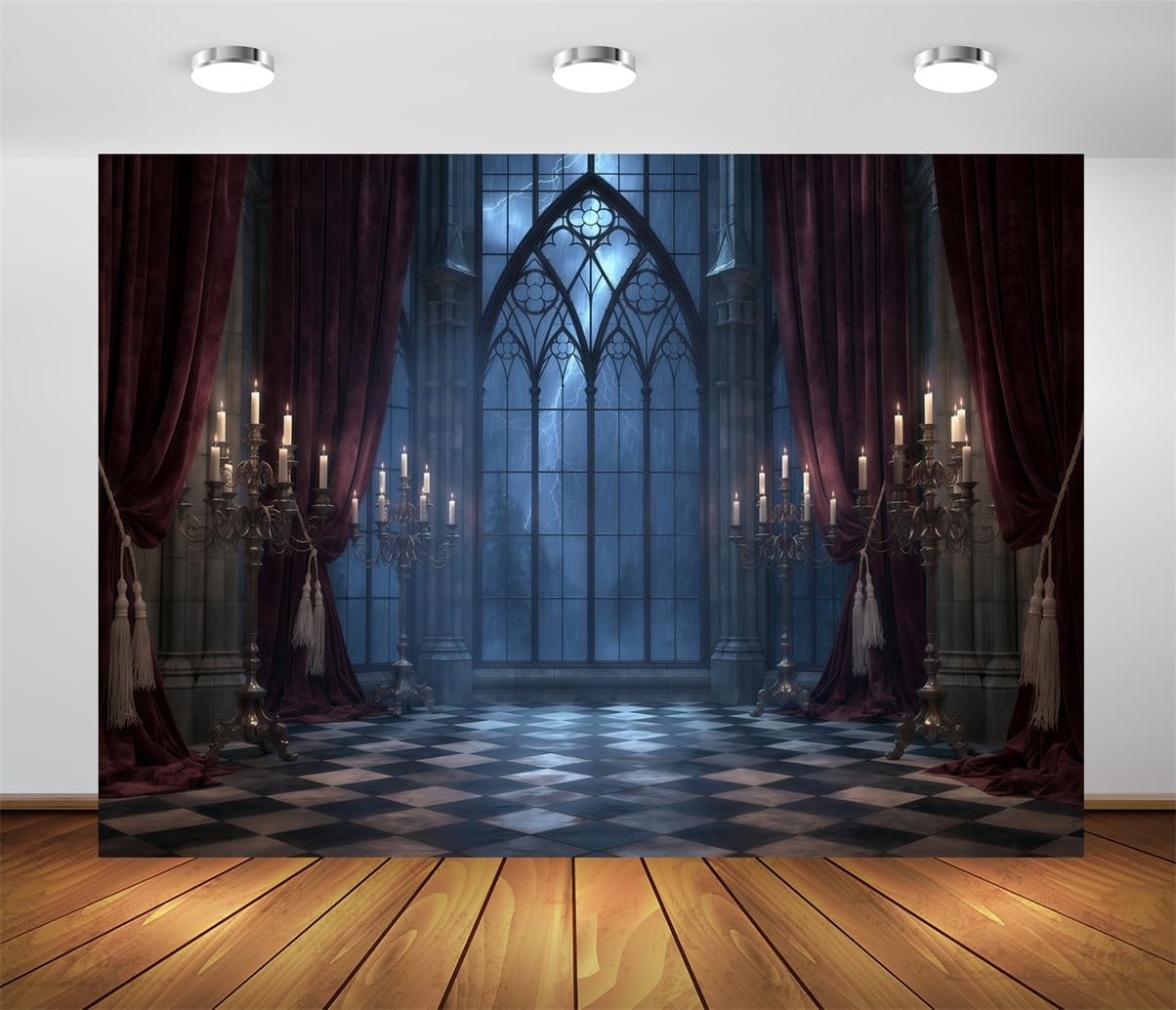 BELECO 3.6x3m Sfondo in tessuto Castello Gotico Palazzo Spaventoso | Finestra Ad Arco Inquietante Tempesta Tenda Candeliere Antico Sfondo Orrore Vampiro Halloween Telo Di Sfondo