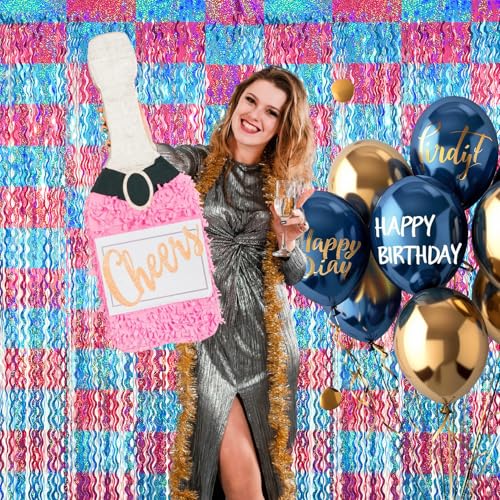 Image of GOER Metallic Tinsel Foil Fringe Curtains Party Photo Backdrop Party Streamers for Birthday,Graduation,Gender Reveal Photo Backdrop Wedding Decor (4 Packs,Pink&Blue)