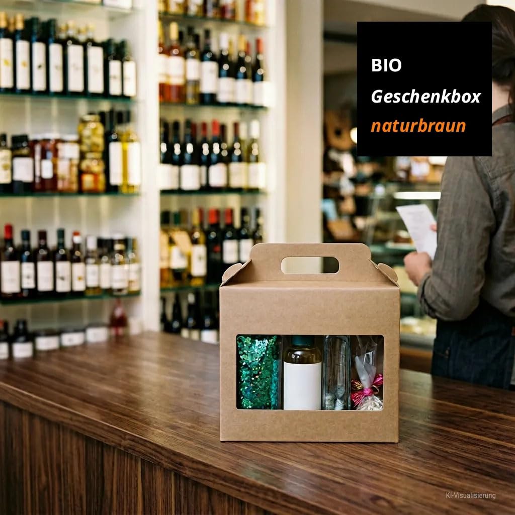 Geschenkbox mit Tragegriff aus Kraftpapier Braun, 30 Stück, 220 x 195 x 80 mm, mit Sichtfenster, Geschenkschachtel, Geschenkverpackung für Präsente, Backwaren, DIY und Mitbringsel