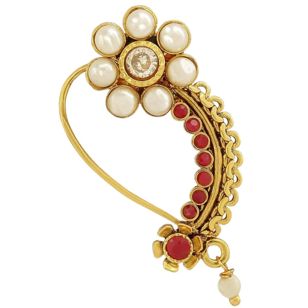 JWELLA Traditional Gold Plated Nath with Pearl and Teardrop Design Bridal Maharashtrian Nose Ring/Nath with piercing Encased with Pearl and kundan Stone for Women/Girls (B0D9QVXVLT) Amazon Price History, Amazon Price Tracker