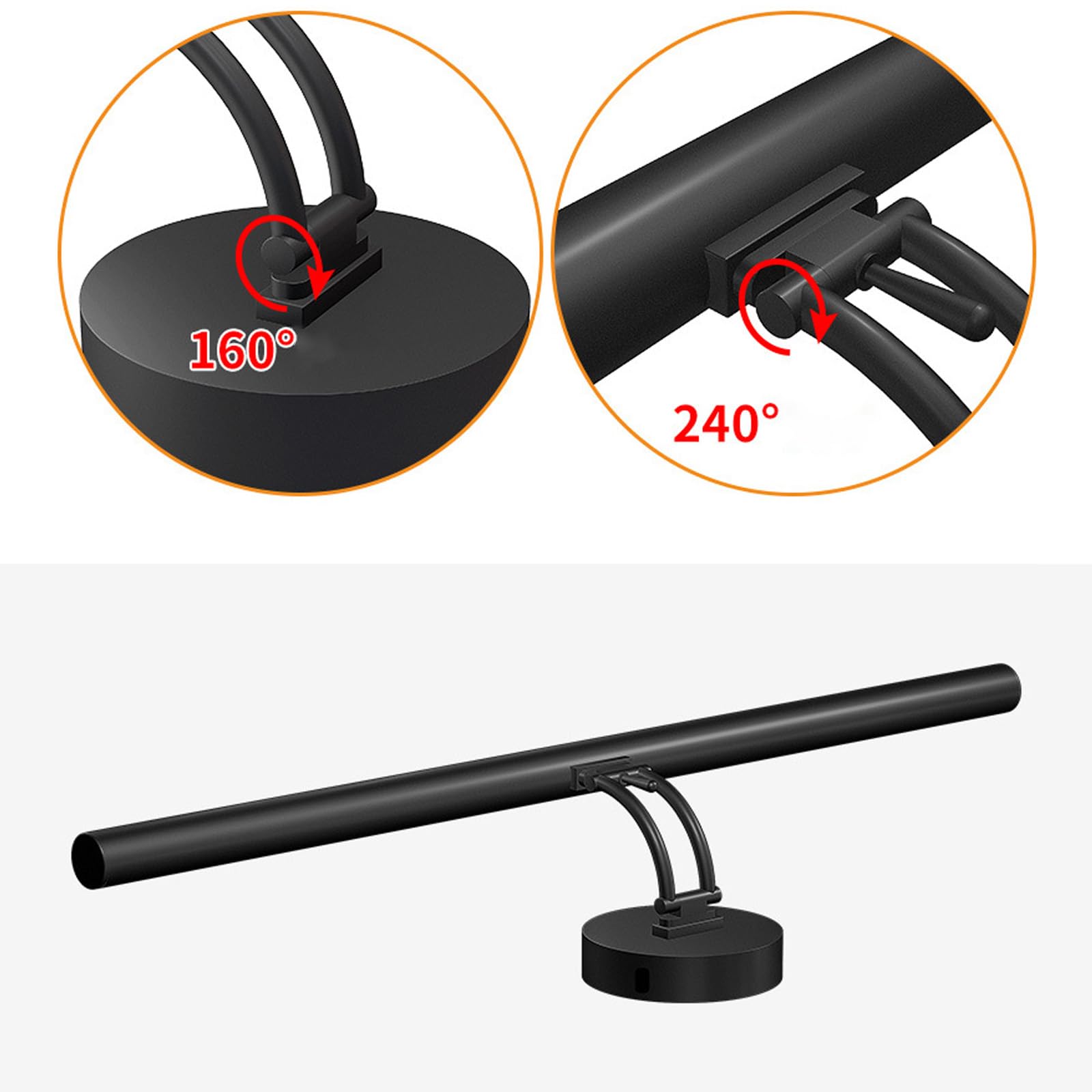 Luce da Specchio Bagno LED Ricaricabile Applique da Parete con Controllo Touch 3 Temperature di Colore Iluminazioni per Pareti 240° Girevole Lampada da Parete Camera da Letto Soggiorno (Nero,40cm)