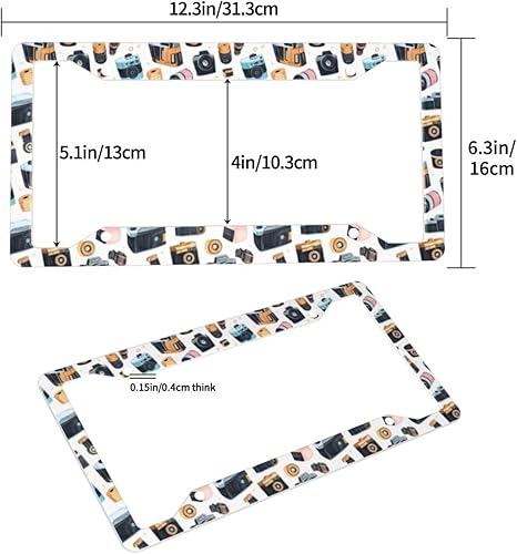 Miniatura 2 de 2 marcos de matrícula de automóvil para mujeres y hombres, cubierta de aluminio sólido con impresión de película de cámara vintage para accesorios