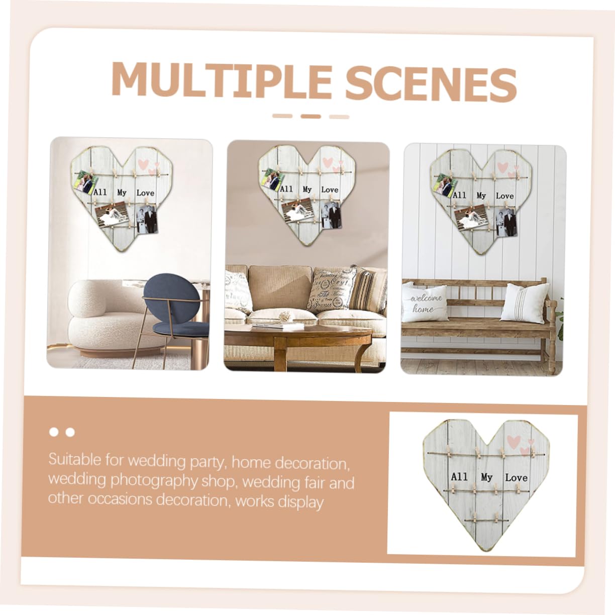 Abaodam Decorazione Murale Fotografica in Legno a Forma di Cuore, Stile Rustico, per Matrimonio e Casa, Beige, per Natale e Capodanno
