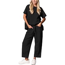 Womens 2 Piece Travel Lounge Set Short Sleeve Top Barrel Leg Pants