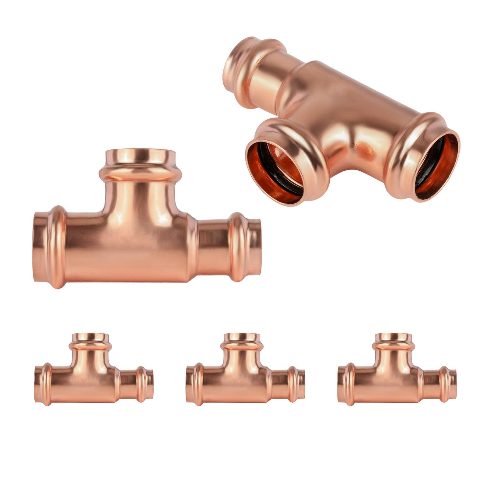 Paquete de 5 conectores en T reductores de cobre GUOFIS, 1" P x 1/2" P x 1", conector en T reductor de presión para plomería, conector de tres vías para derivación de transición de tamaño de tubería